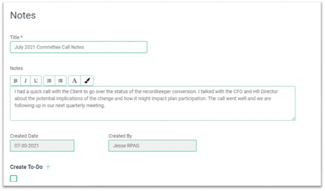 New Note Section - Notes