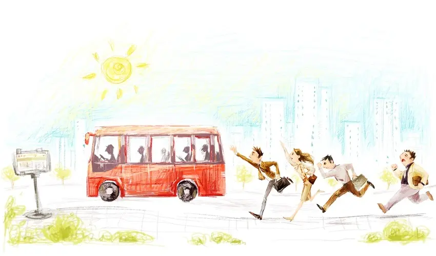 Drawing of business people running after a red bus.