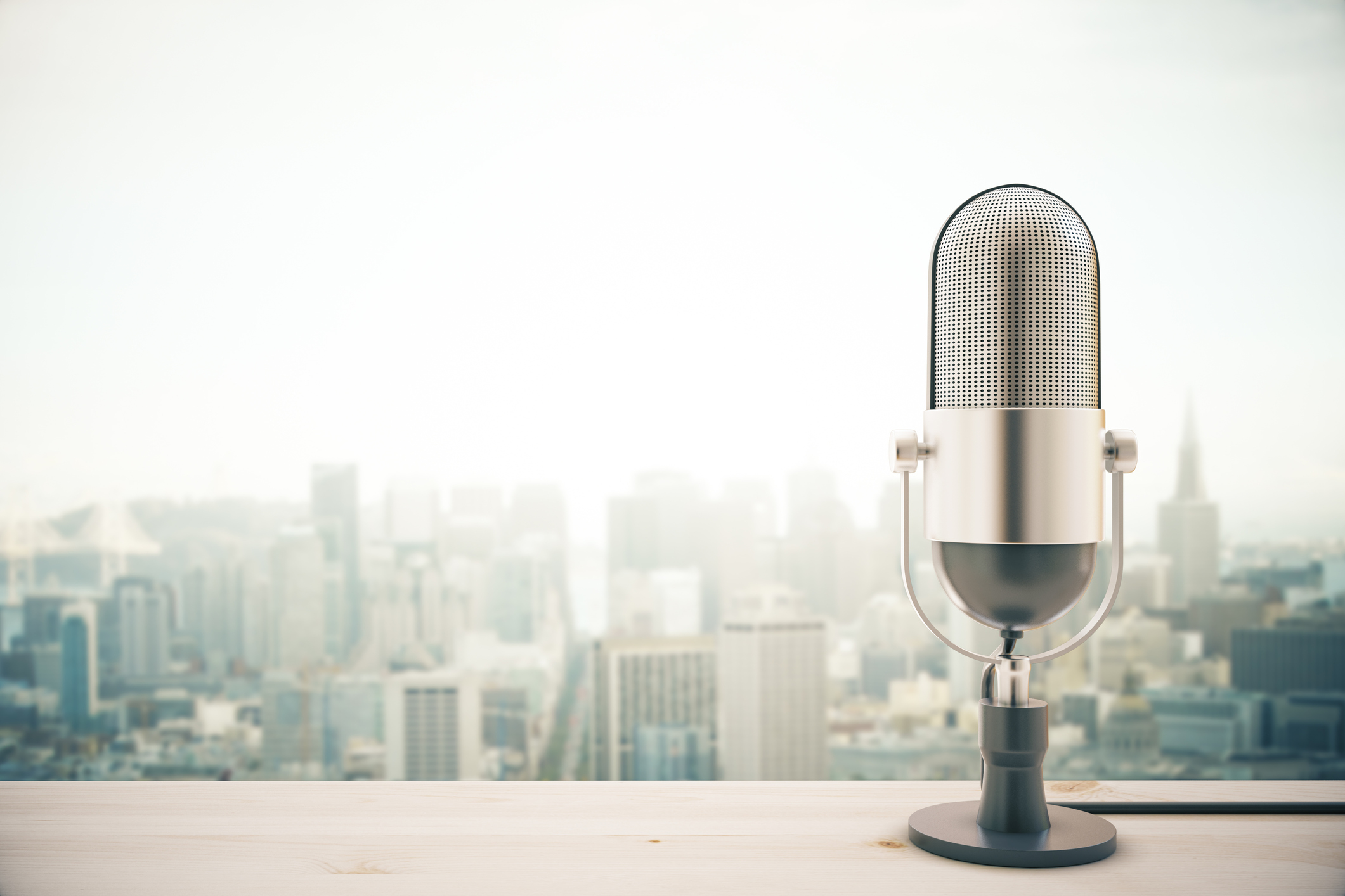 Microphone with a city backdrop