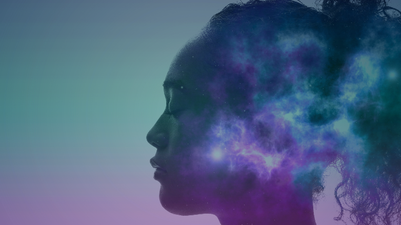Silhouette of a woman with galaxy mind overlay