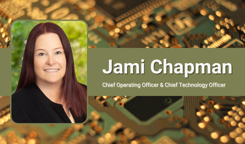 Jami Chapman headshot on a computer board background