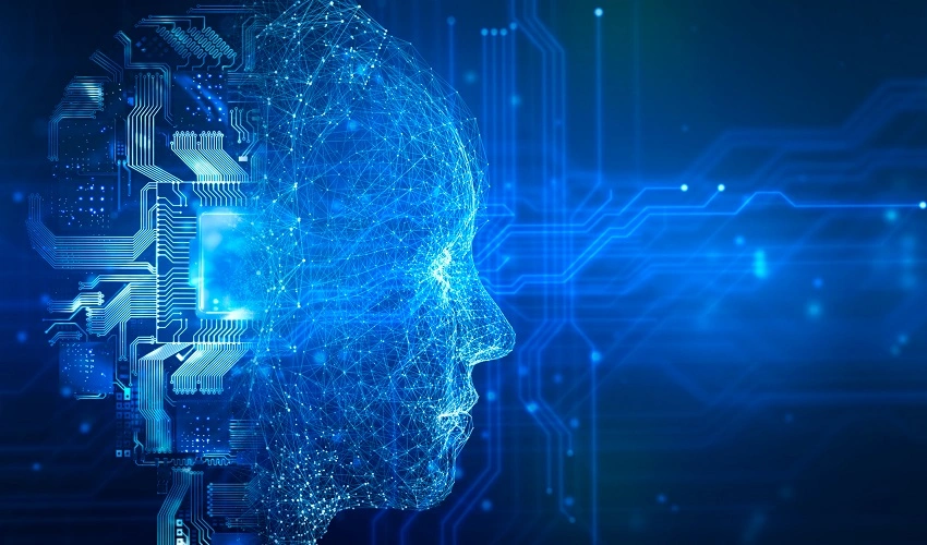 humanoid portrait angle of a face made up of energy-like particles