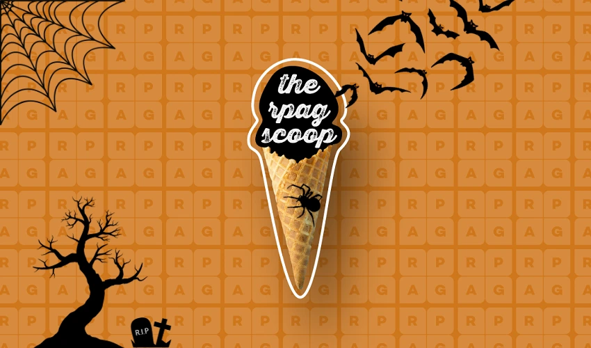 Black ice cream in a cone with halloween themed orange and black RPAG background