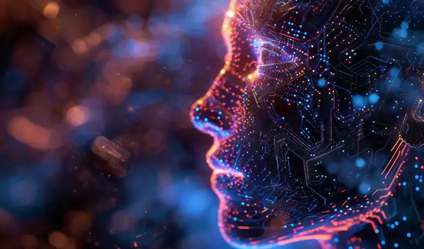 AI face with data threads