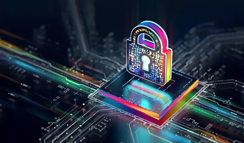 colorful cybersecurity lock on a tech grid