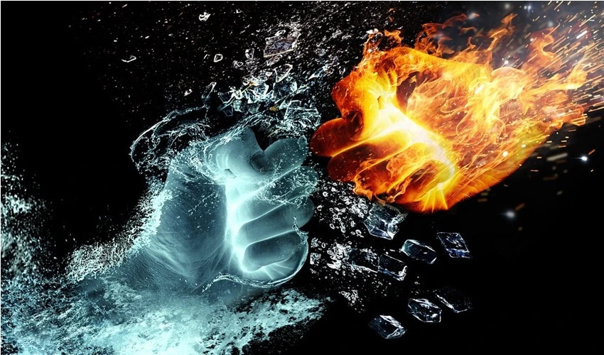 Fire and water fists colliding
