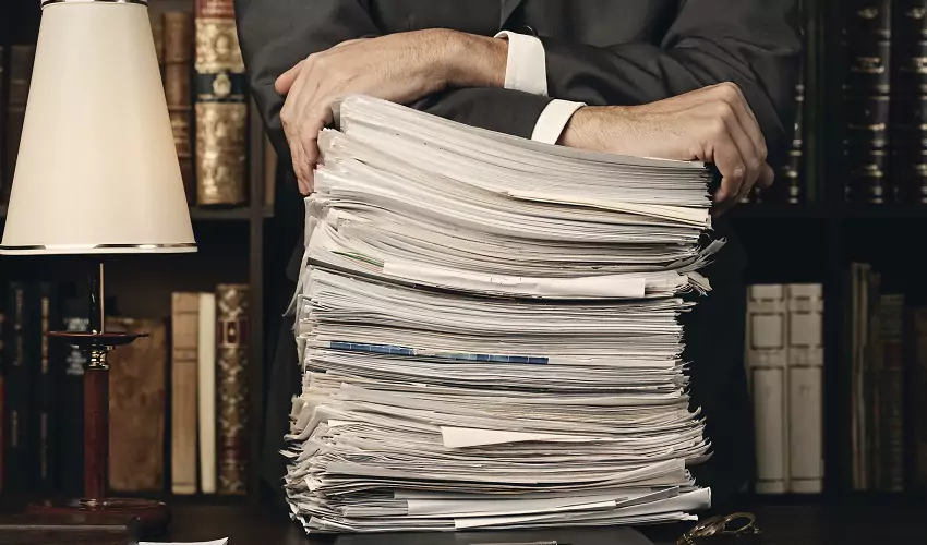Man leaning on a stack of papers