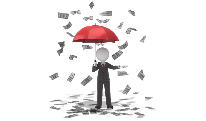 Stick figure holding a red umbrella with cash raining