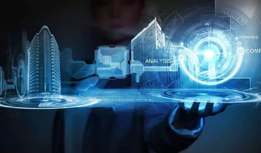 Woman holding hologram of tech analysis